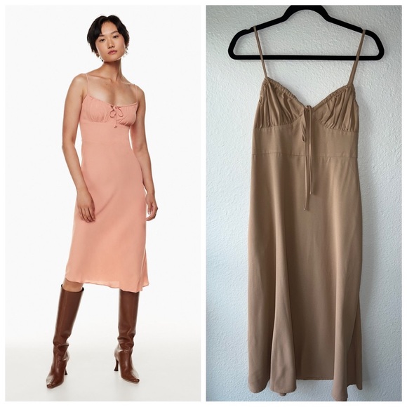 Camellia Dresses & Skirts - CAMELLIA Y2K Tan Beautiful Open Side Zipper MIDI Dress Size L.